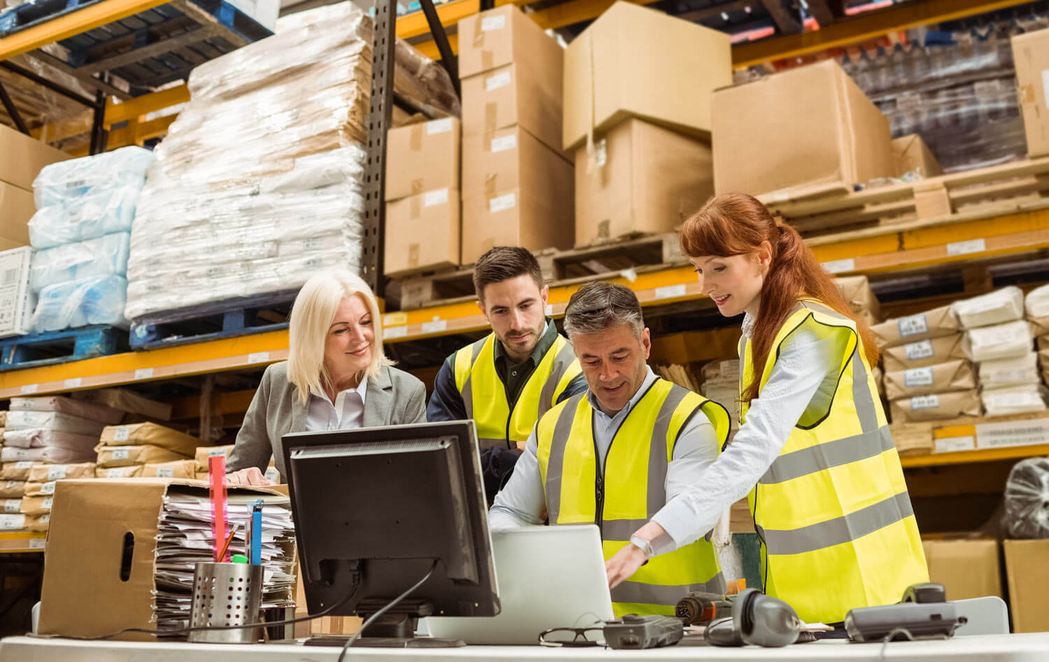 Vier Mitarbeitende stehen in der Produktionsplanung und arbeiten an Laptop mit SAP Business One