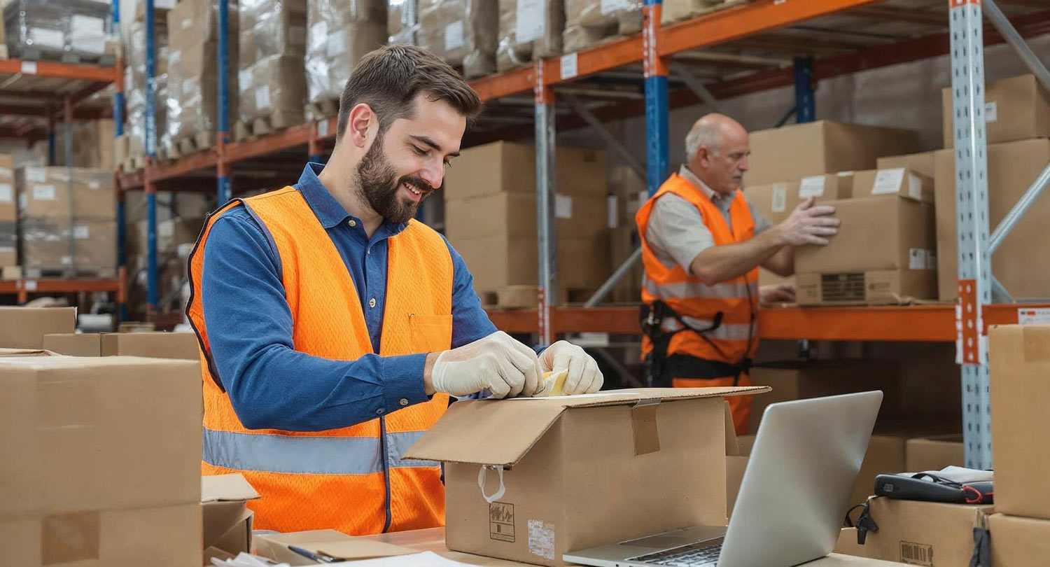 Zwei Männer arbeiten mit Paketen in der Warenwirtschaft
