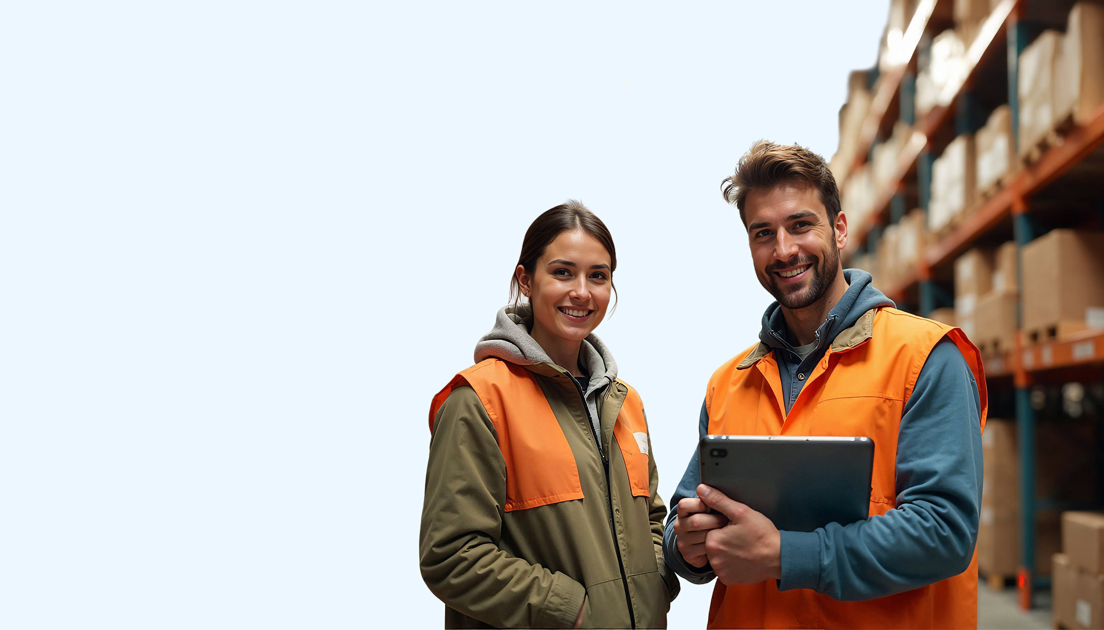 Eine Frau und ein Mann stehen mit SAP Business One in einem Lager und arbeiten mit einem Tablet.