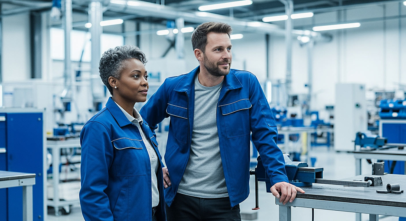 Mann und Frau stehen in Arbeitskleidung und freuen sich über SAP Business One in einer Produktionshalle.
