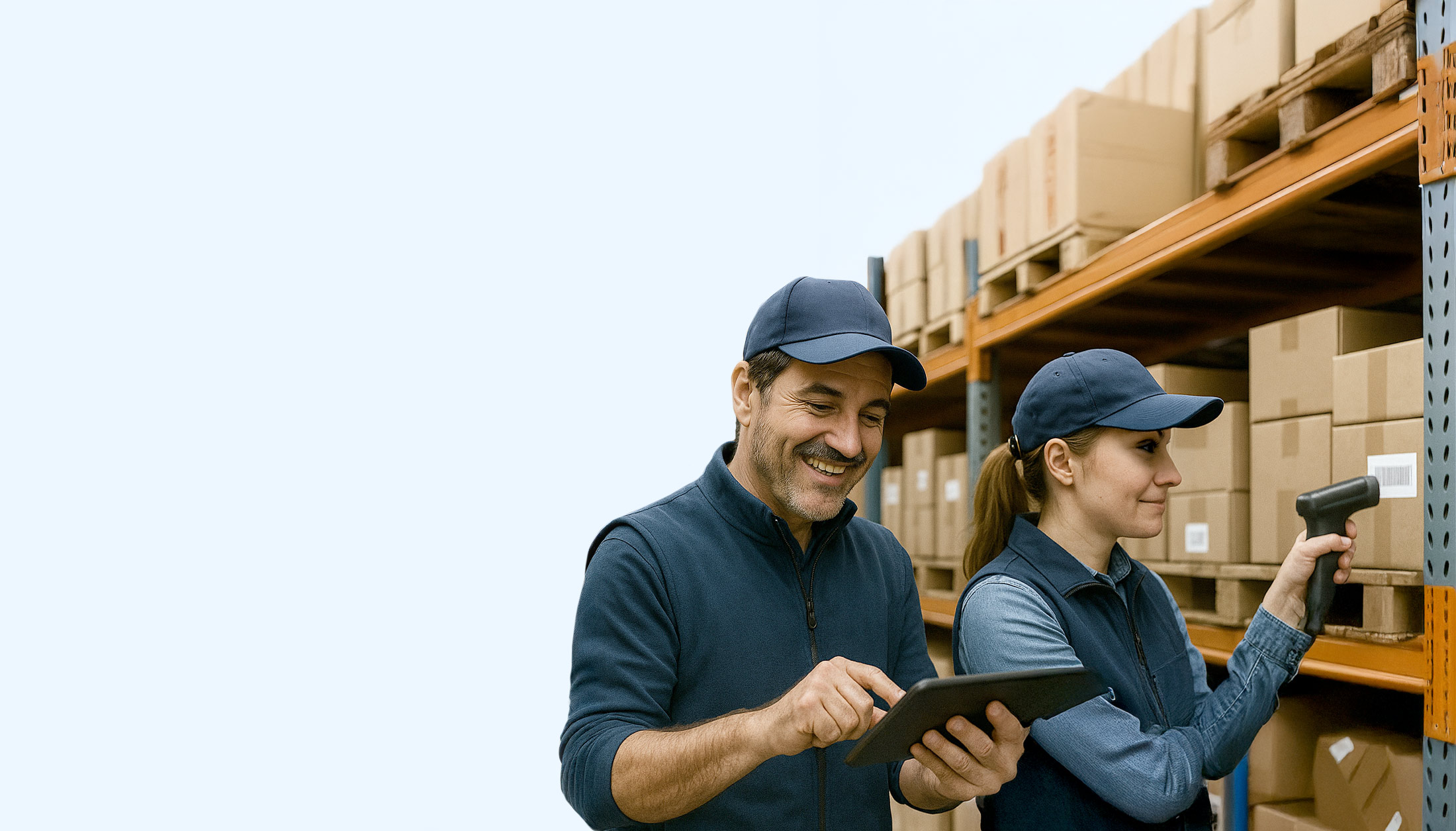 Frau und Mann arbeiten mit SAP Business One in einem Lager mit Barcode Scanner und Tablet um Inventur in einem kleinen Unternehmen zu machen