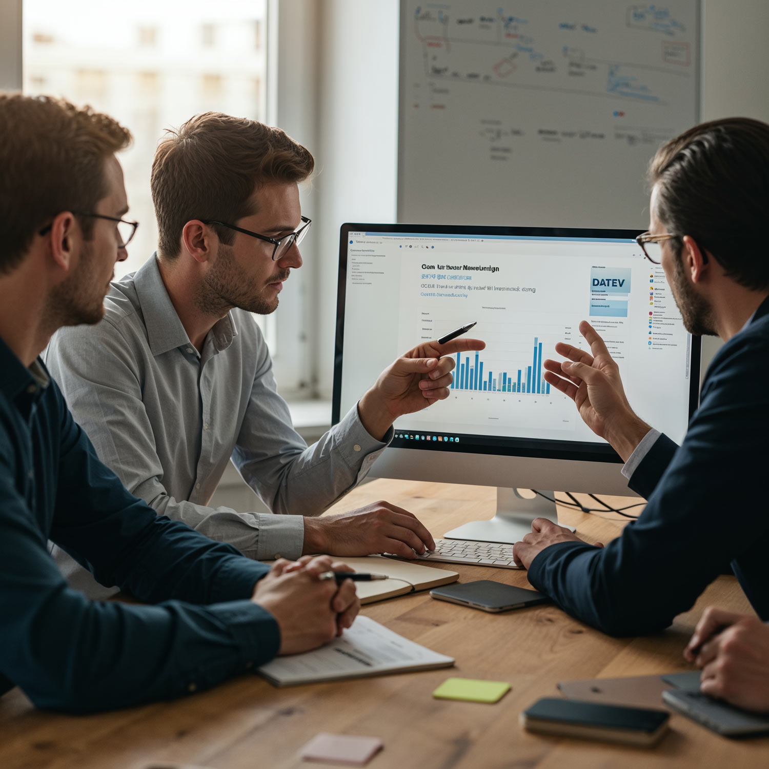 Drei Mitarbeiter arbeiten an einem PC mit DATEV innerhalb von SAP Business One