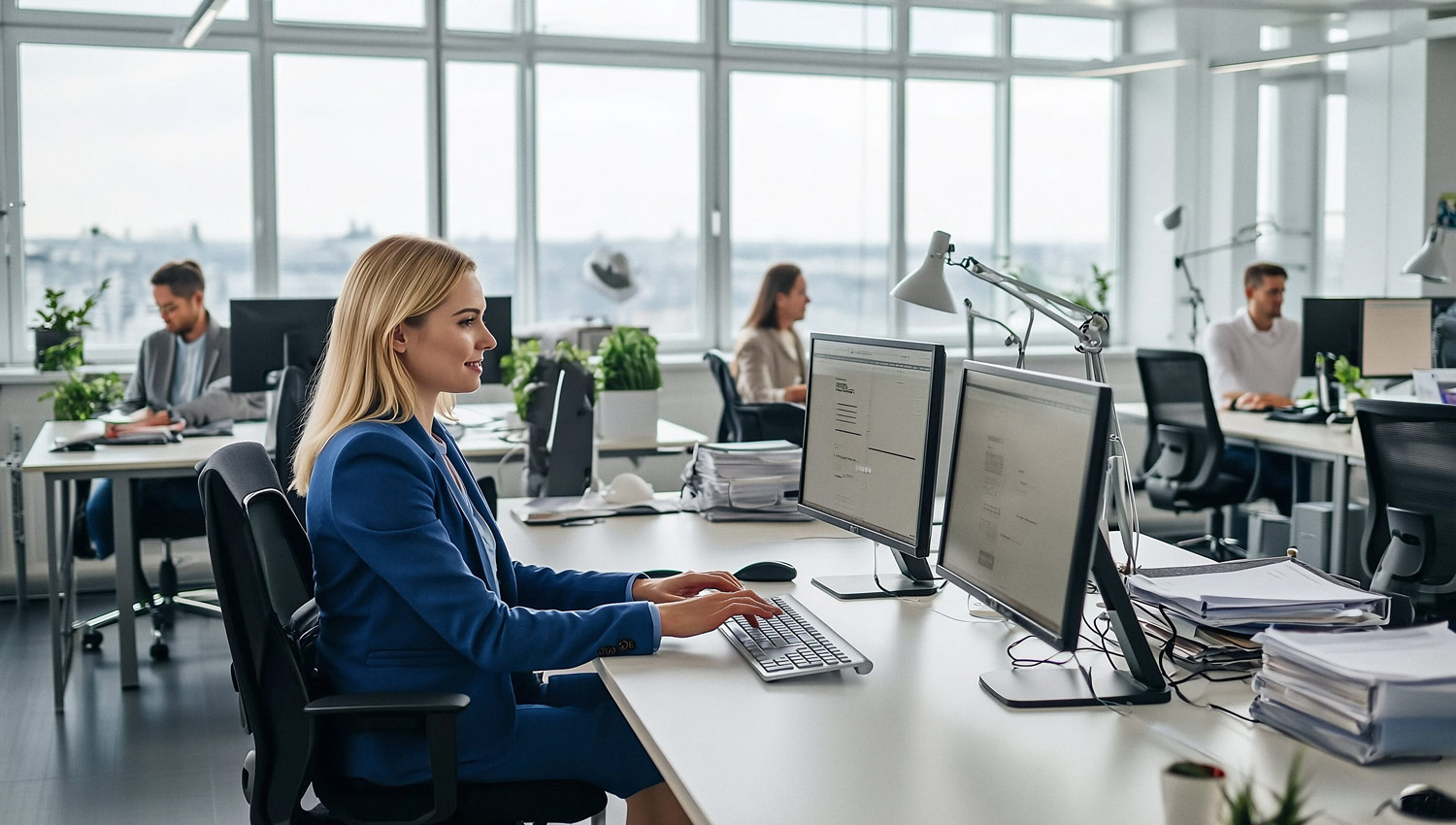 Mitarbeiterin sitzt im Büro und arbeitet mit der E-Rechnung in SAP Business One