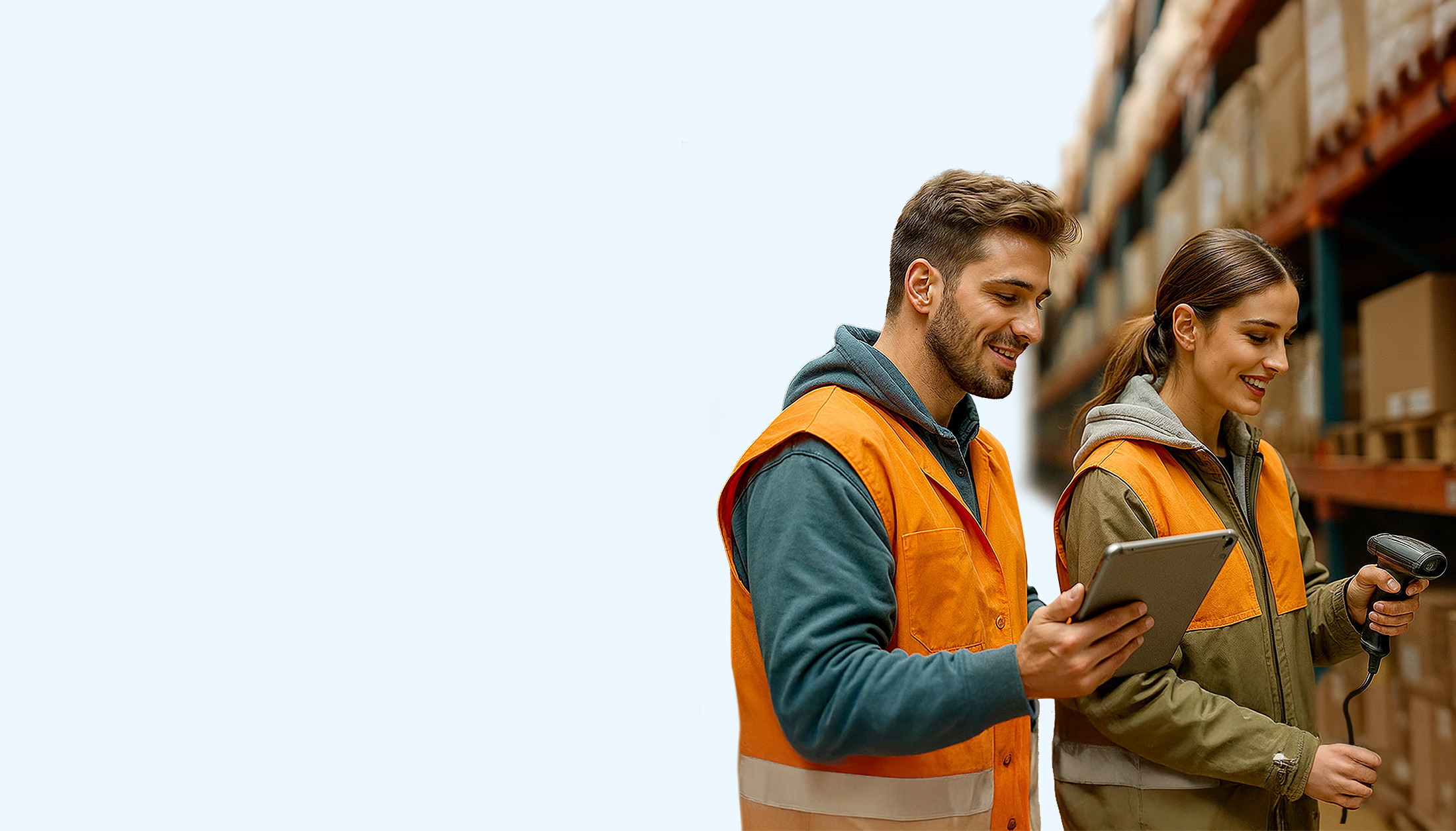 Eine Frau und ein Mann arbeiten mit Tablet und Barcode Scanner in einer digitalisierten Lagerverwaltung mit SAP Business One