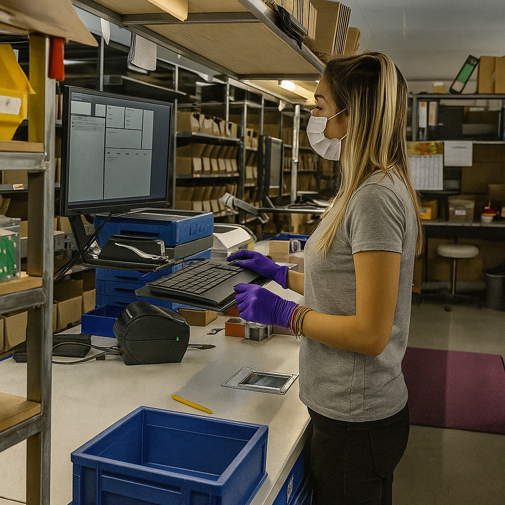 Mitarbeiterin bedient die Packtisch App in SAP Business One im Lager eines mittelständischen Unternehmenns