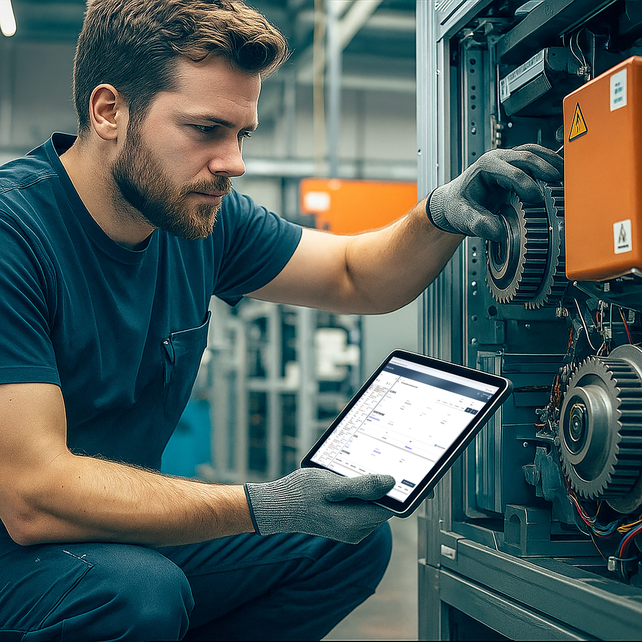 Mann bedient Service App auf Tablet von SAP Business One und wartet Maschine